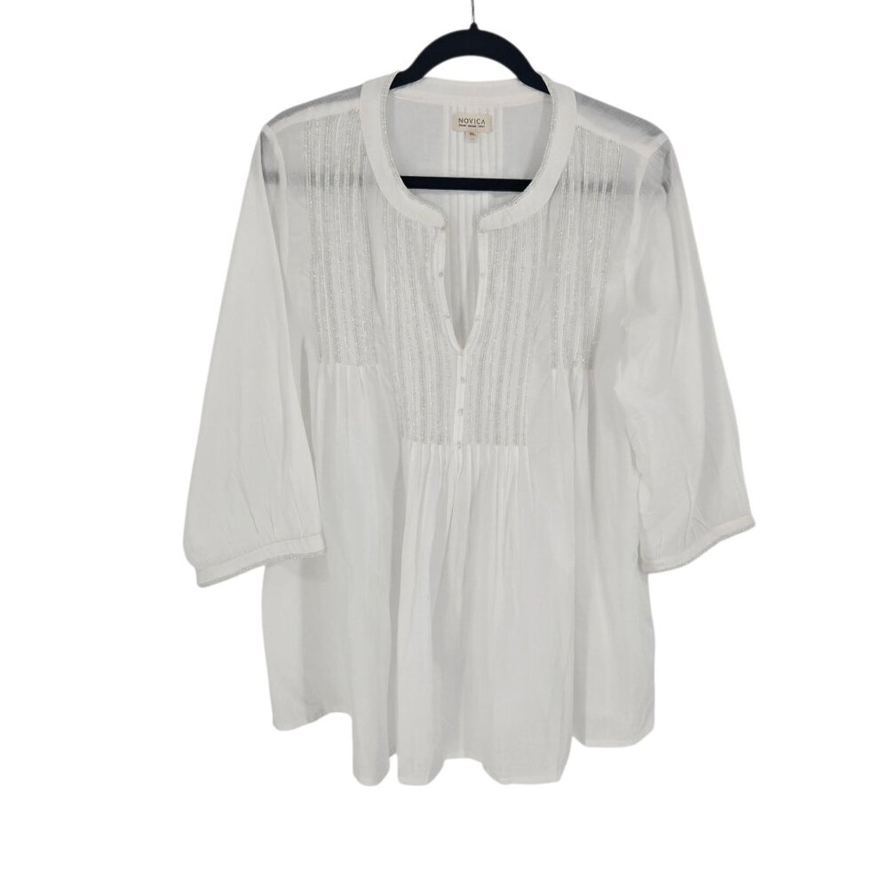 Novica womens size XL white v neck beaded boho 3 quarter sleeve blouse cotton